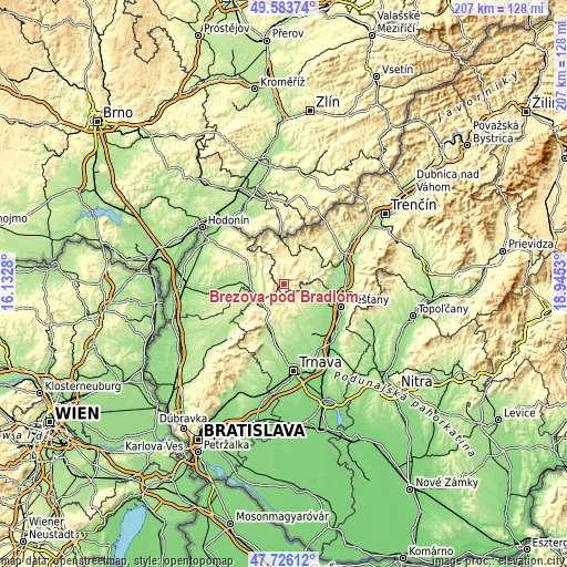 Topographic map of Brezová pod Bradlom
