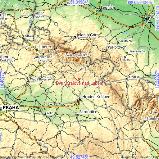 Topographic map of Dvůr Králové nad Labem
