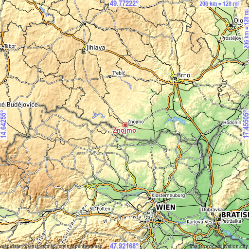 Topographic map of Znojmo