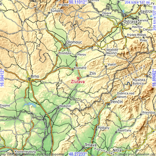 Topographic map of Žlutava