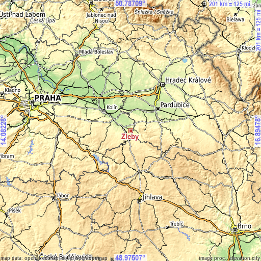 Topographic map of Žleby