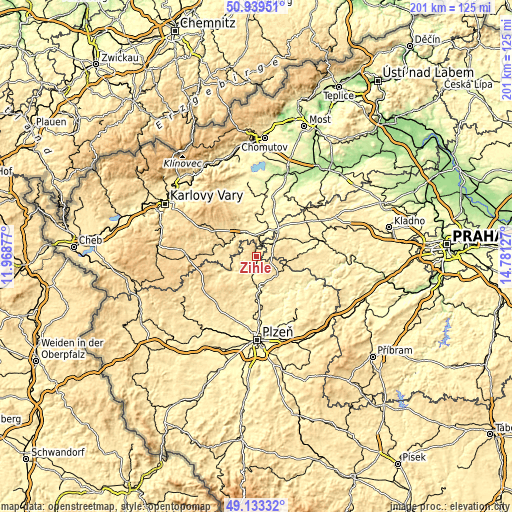 Topographic map of Žihle