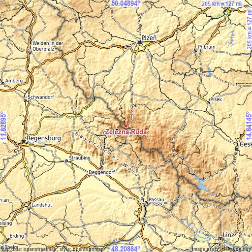 Topographic map of Železná Ruda