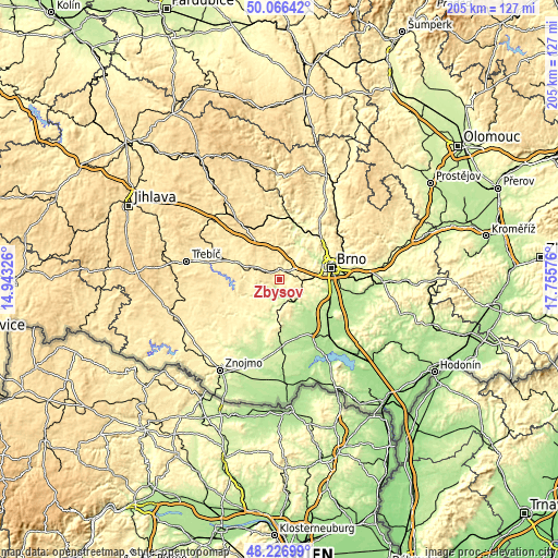Topographic map of Zbýšov