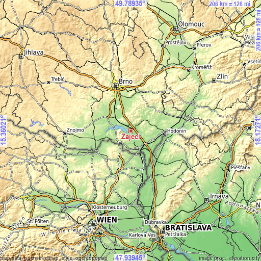 Topographic map of Zaječí