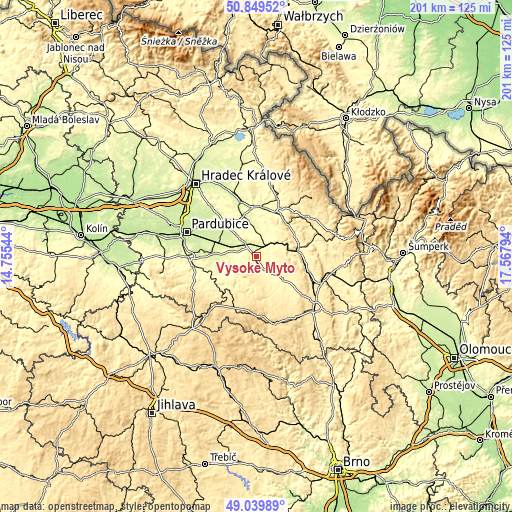 Topographic map of Vysoké Mýto