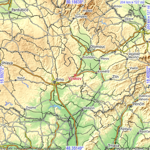 Topographic map of Vyškov