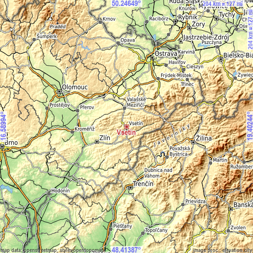 Topographic map of Vsetín