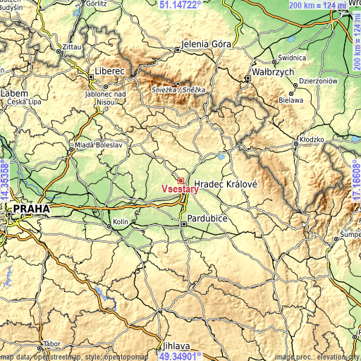 Topographic map of Všestary