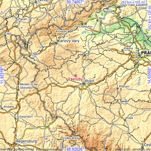 Topographic map of Všeruby