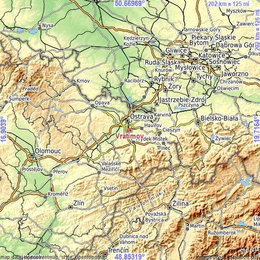 Topographic map of Vratimov