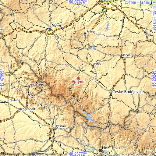Topographic map of Volyně