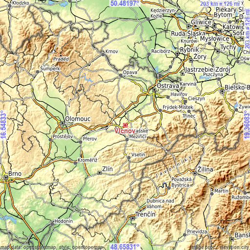 Topographic map of Vlčnov