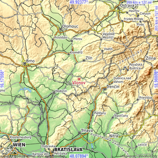 Topographic map of Vlčnov