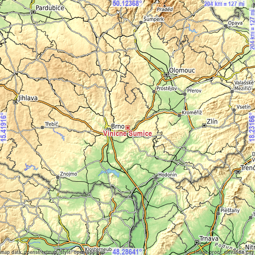 Topographic map of Viničné Šumice