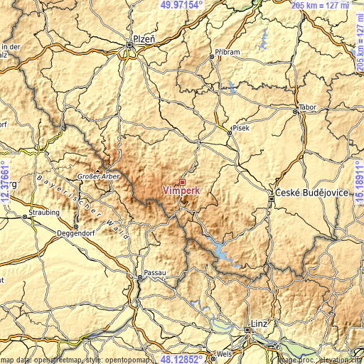 Topographic map of Vimperk