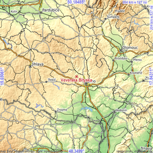 Topographic map of Veverská Bítýška