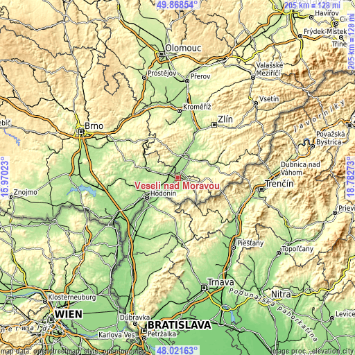 Topographic map of Veselí nad Moravou