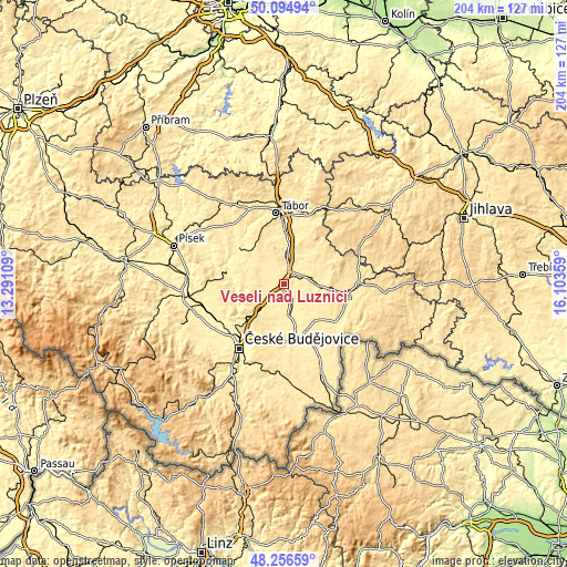 Topographic map of Veselí nad Lužnicí