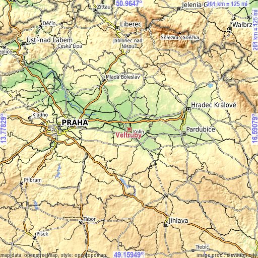 Topographic map of Veltruby