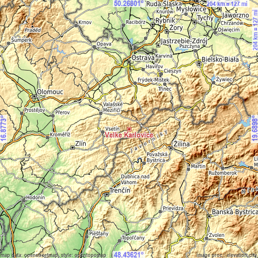 Topographic map of Velké Karlovice