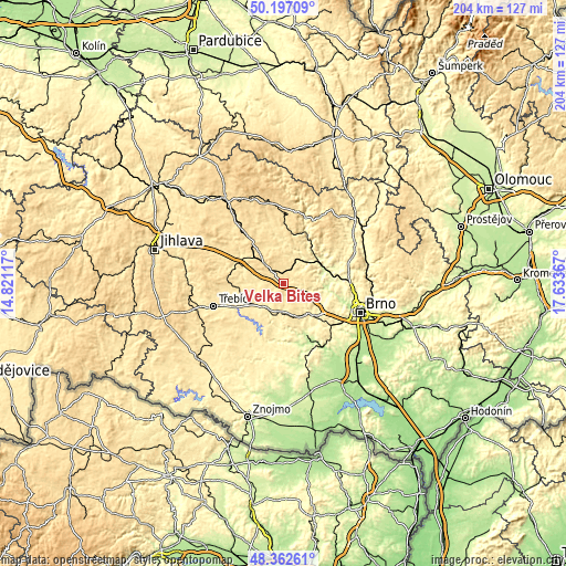 Topographic map of Velká Bíteš