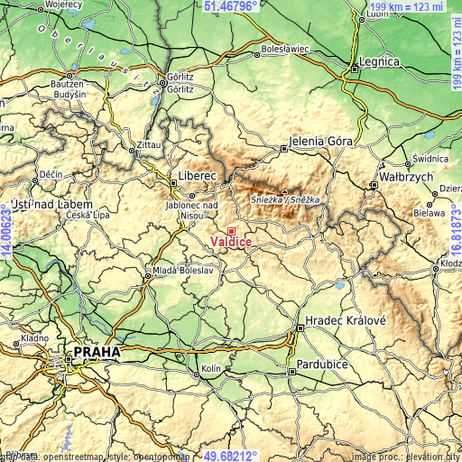 Topographic map of Valdice