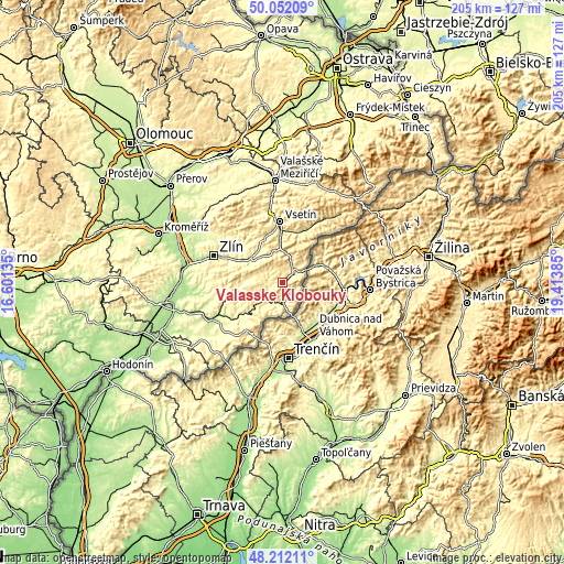 Topographic map of Valašské Klobouky