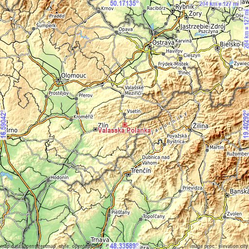 Topographic map of Valašská Polanka