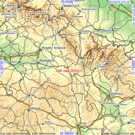 Topographic map of Ústí nad Orlicí