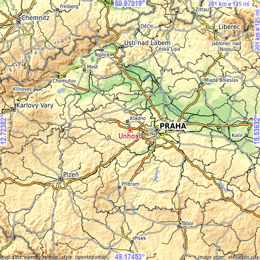 Topographic map of Unhošť