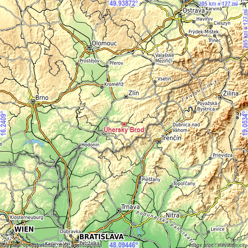 Topographic map of Uherský Brod