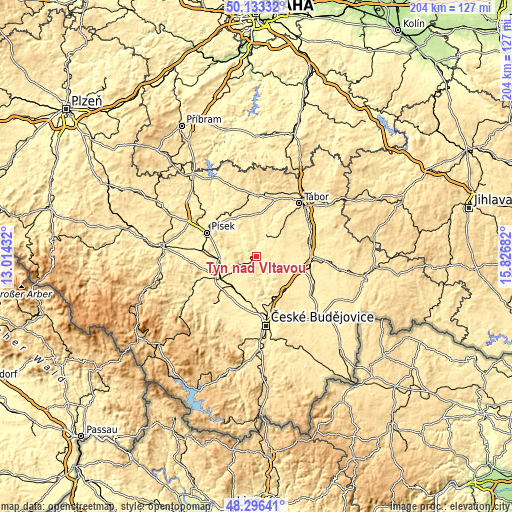Topographic map of Týn nad Vltavou