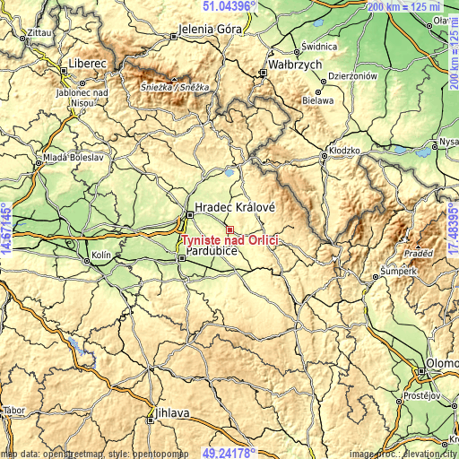Topographic map of Týniště nad Orlicí