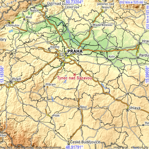 Topographic map of Týnec nad Sázavou