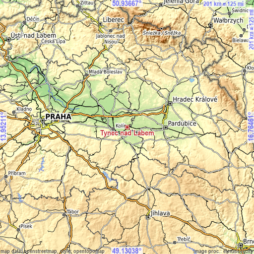 Topographic map of Týnec nad Labem
