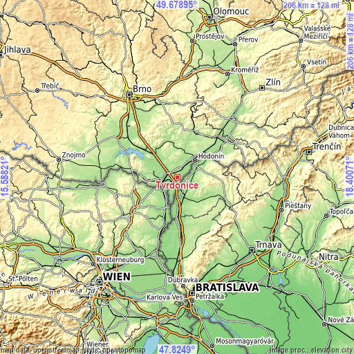 Topographic map of Tvrdonice