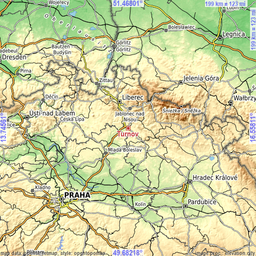 Topographic map of Turnov