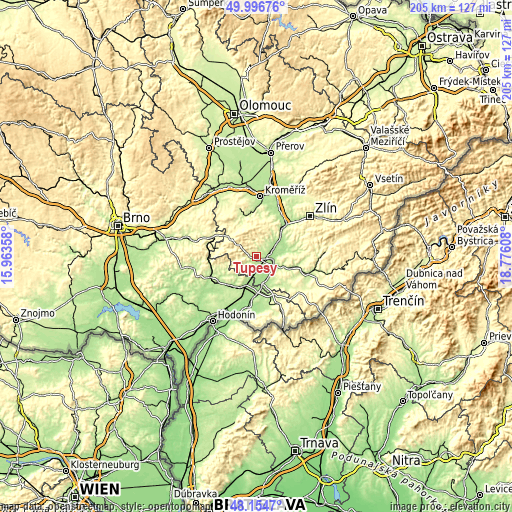 Topographic map of Tupesy