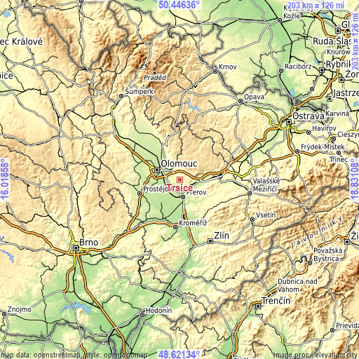 Topographic map of Tršice