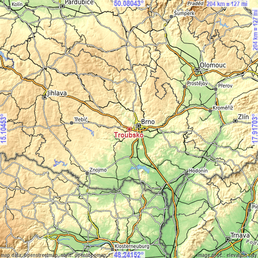Topographic map of Troubsko