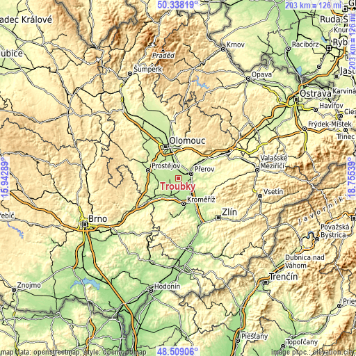 Topographic map of Troubky