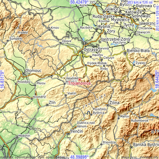 Topographic map of Trojanovice