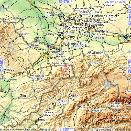 Topographic map of Třinec