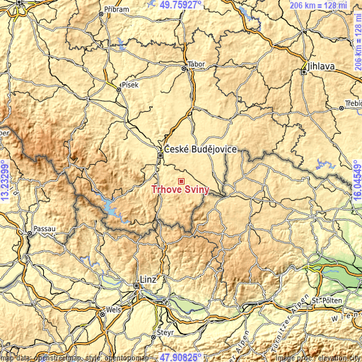 Topographic map of Trhové Sviny