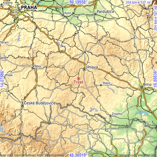 Topographic map of Třešť