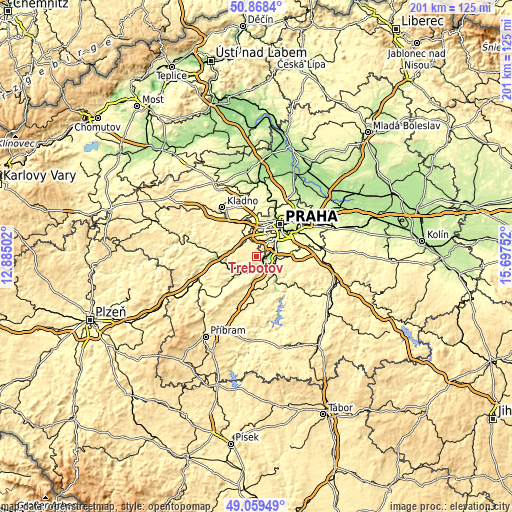 Topographic map of Třebotov