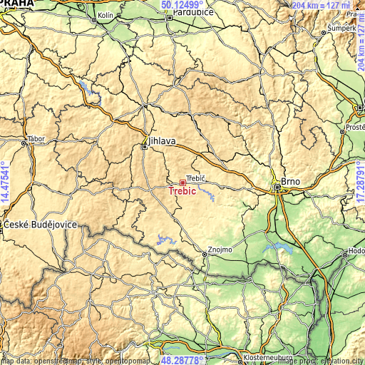 Topographic map of Třebíč