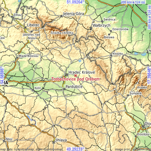 Topographic map of Třebechovice pod Orebem