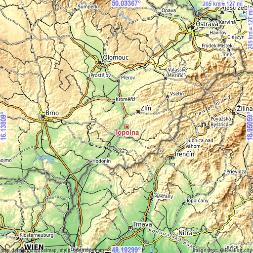 Topographic map of Topolná